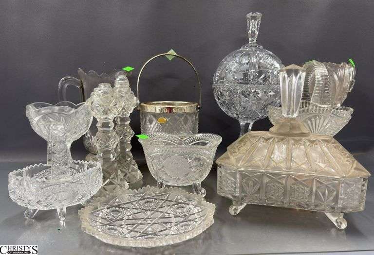 Clear Cut Glass, Crystal Compotes, Salt and Peppers, Ice Bucket, Pitchers, Dishes All Need Cleaned Tallest 13" image