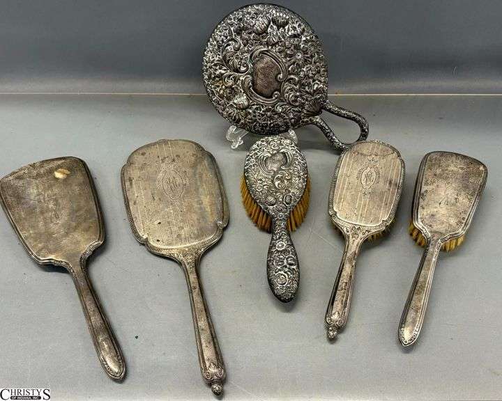 Sterling Silver Vanity Pieces - Brushes, Hand Mirrors - 6pcs - 13.5" of largest image