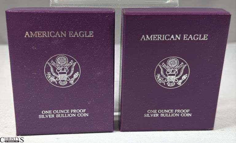 Two 1986 American Eagle Once Ounce Proof Silver Bullion Coins in Velvet Display and Box with COA. image