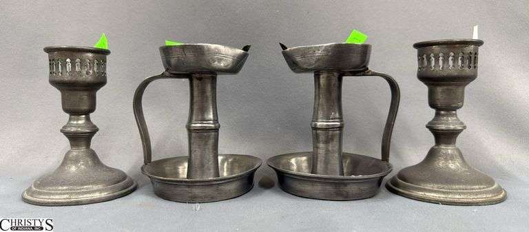 4 Pewter Candle Sticks, and Oil Lamps Tallest 4.5" image