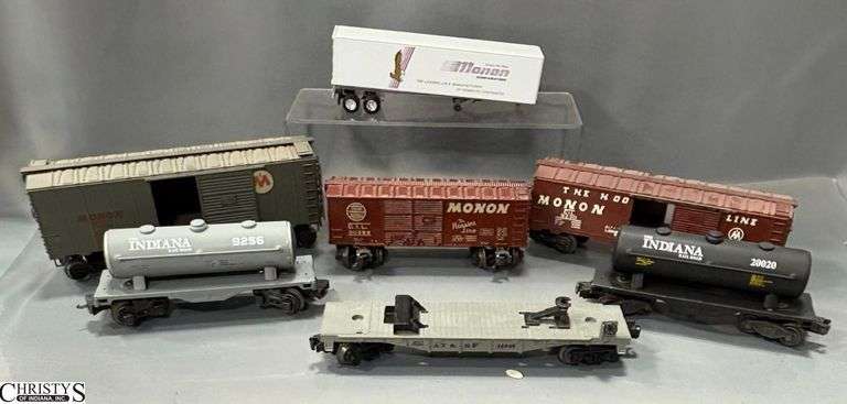 7 Unboxed Train Cars, AT&SF Flat Car Lionel, Indiana Oil, Monon Tankers, and Boxcars image