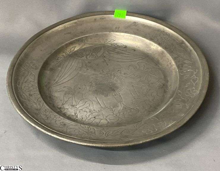 Antique Pewter Charger Dish, Religious or Symbolic Scene Crowned Rose Marking 11.75" image