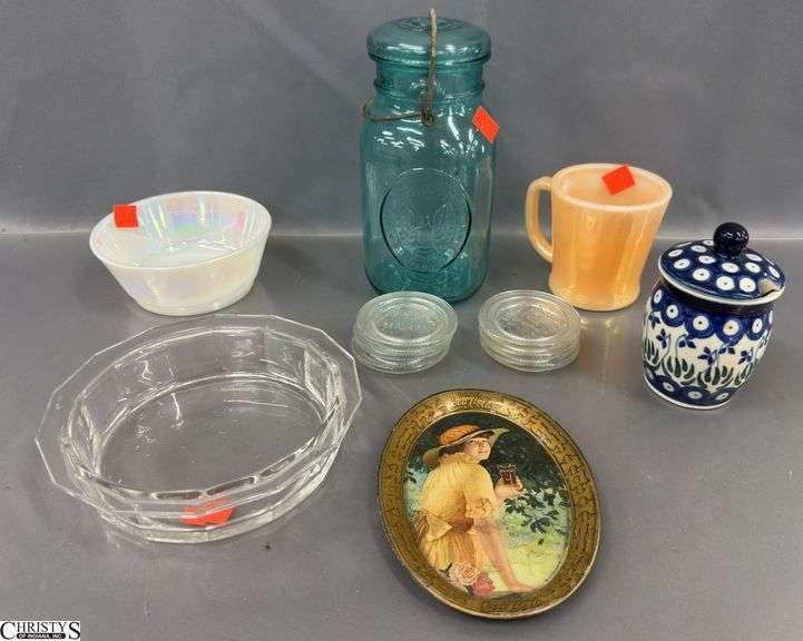 Fireking Lusterware Mug and Bowl, Polish Preserve Jar, Glass Mason Jar Lids, Blue Mason Jar, Dish image