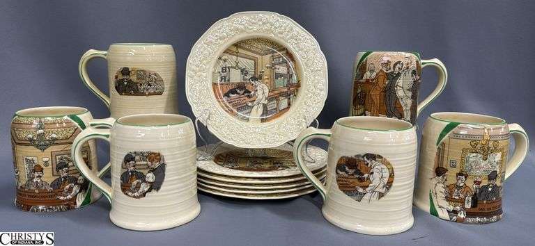 6 Mugs, 6 Bread Plates Crown Ducal Ware Pub Series image