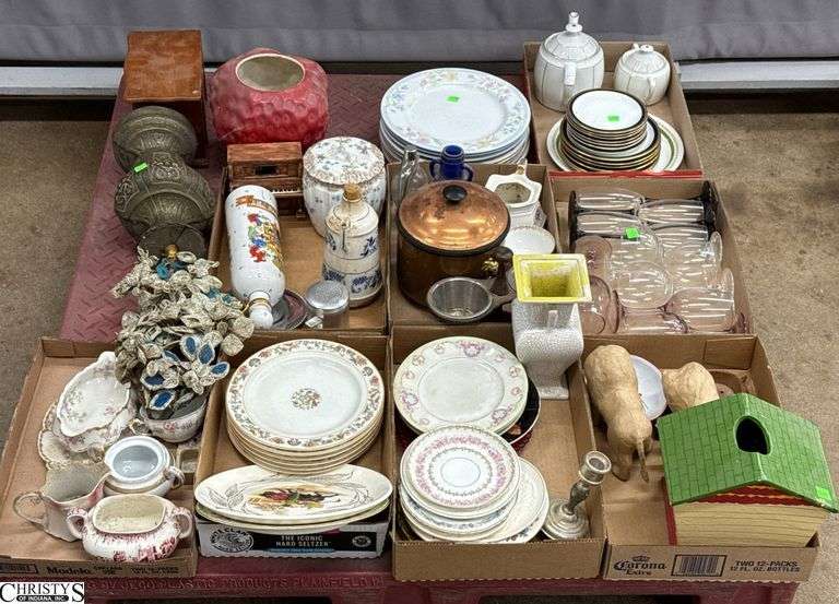 Skid of China Plates, Stemware, Beaded Flower Topiary, Strawberry Cookie Jar Base - May Have Damage Throughout - SKID NOT INCLUDED image