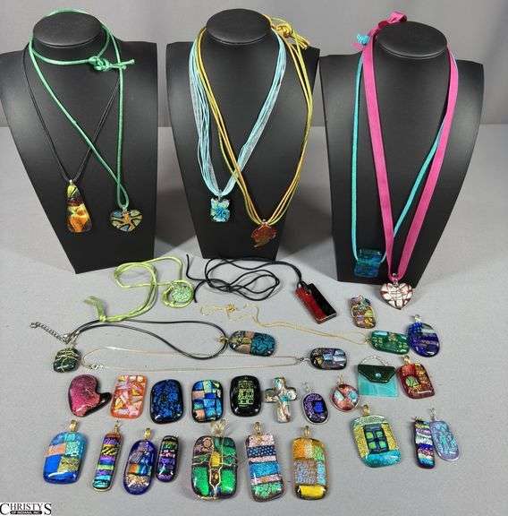 34 Glass Pendants.  11 pendants have chain or rope attached to make a necklace. image