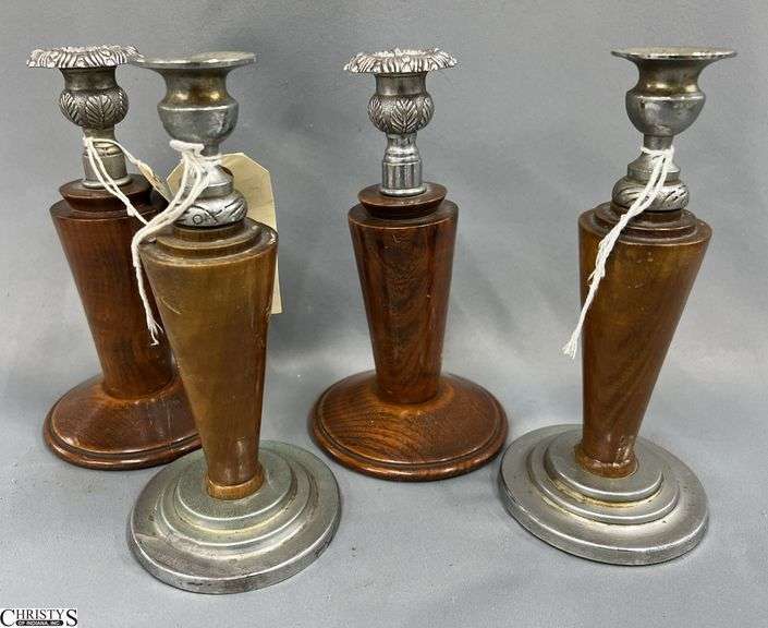 4pcs Wood and Pewter Candle Sticks 8.5"Tallest Pair image