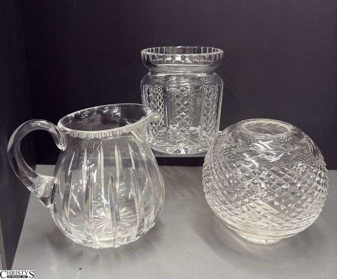 Waterford Crystal Pitcher, Vase, Biscuit Jar(Missing Lid) - 6" of pitcher - unmarked, acid mark has come off image