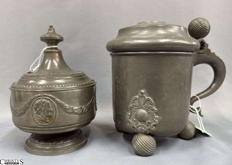 Pewter Lidded Bowl or Urn, and Pewter Swedish Stein, "Stop" Made By F. Santesson Does Have Some Bending on Feet image