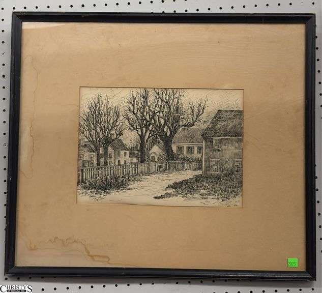 1938 Signed New England Architectural Sketch - 25" x 21.5" of frame image