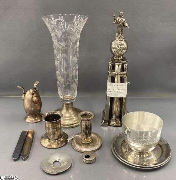 Sterling Weighted and Glass Vase, Candle Holders, Pewter and Plated Pieces image