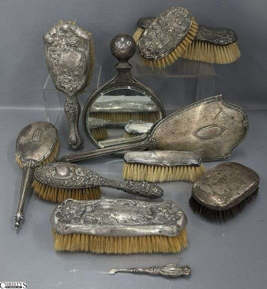 Sterling Silver Vanity Pieces, Hand Mirrors, Brushes, Misc - 13" of largest piece image