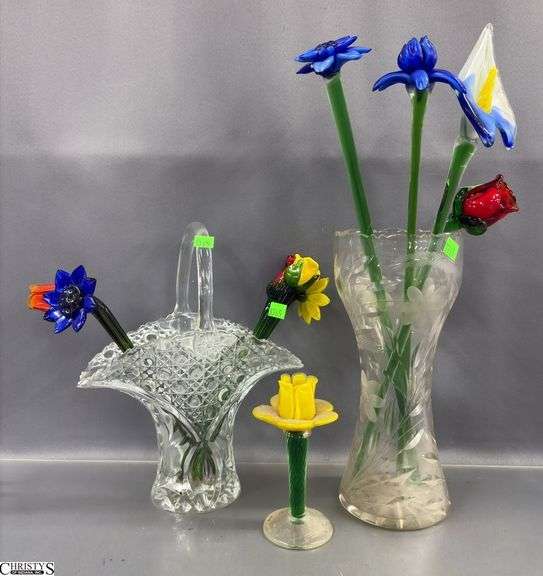 Glass Flower Stems, Etched Vase and Basket Tallest 19" image