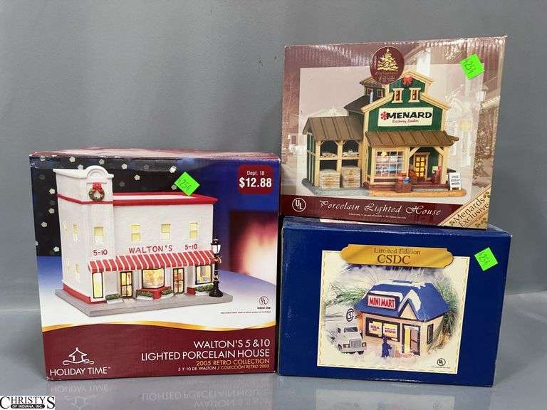 3 Lighted Village Houses, Waltons 5-10, Mini Mart, Menard Cashway Lumber image
