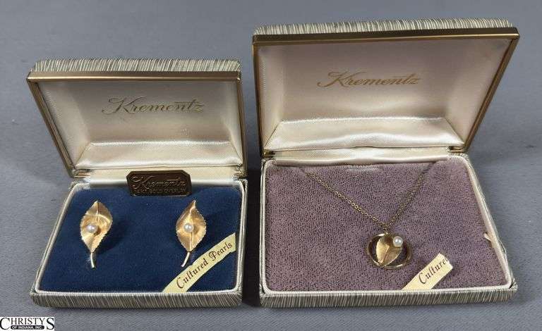 Krementz Screw Back Earrings Gold Filled Cultured Pearl Figural Leaf  with Matching Necklace.  Both in Krementz Boxes. image