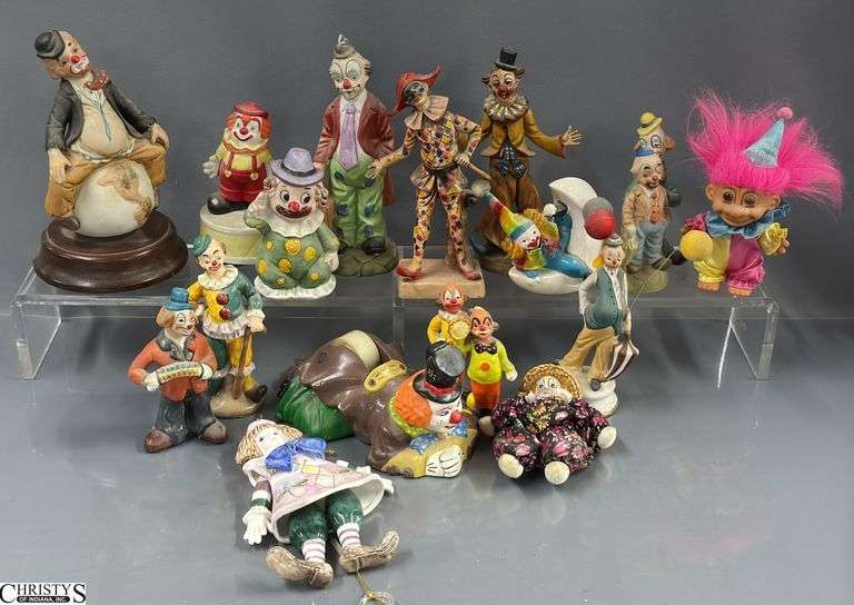 Clown Collectibles, Italy Harlequin Composite, Marked Japan and Taiwan, Tape Dispenser, Troll, Banks, Bell, Music Boxes image