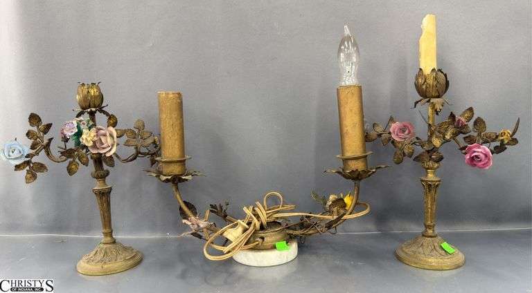 Trio Porcelain Foliate Accent Lamp and Candelabras -  14" of largest image