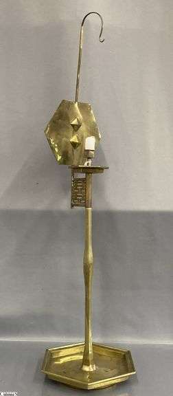 Korean Standing Brass Candle Holder With Reflector and Hook, Overall 38" image