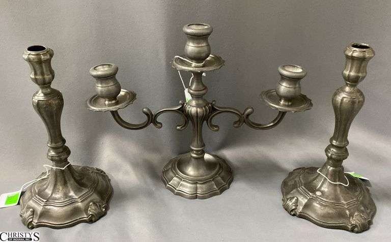 Pewter Candelabra and Pair of Candle Sticks, Tallest 12.25x9.5" Tall image