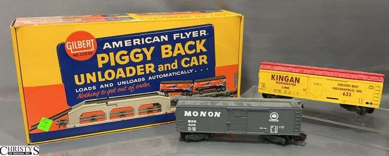 American Flyer Piggy Back Unloader and Car In Box, Monon 628 Boxcar, Kingan Reefer 633 image