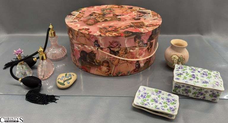 Vintage Rose Theme Hat Box, 3 Perfume Bottles, Painted Rock, Small Bud Vase, Hatbox 13" Across image