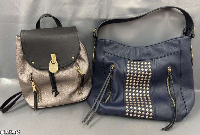 2 Mia K. Collection Bags, Navy and Gold Zippered Tote, and Metallic and Black Back Pack image
