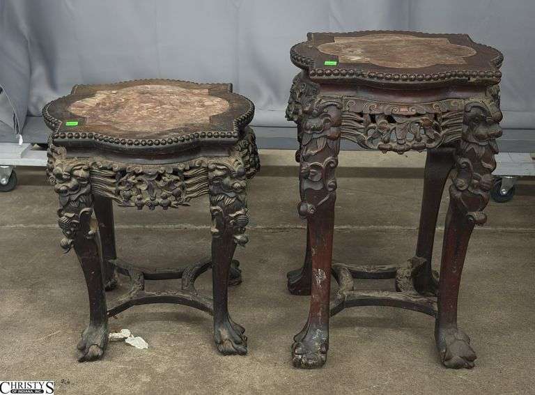 2 Chinese Ornated Carved Stone Top Side Tables - 15" x 15" x 23" of largest image