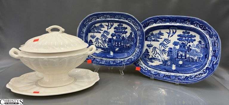 2 Blue Willow Ironstone Platters and Royal Staffordshire Ironstone Tureen - 15" x 12" of largest, has repaired crack image