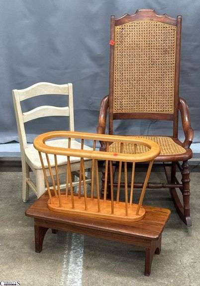 Cane Rocking Chair *Some Damage, Magazine Holder, Youth Chair, Wooden Step Or Foot Rest image