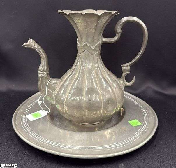 Pewter Teapot and Platter, Non Matching Has Some Dents 12" image