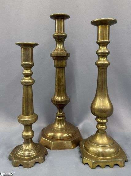 3 Single Brass Candle Holders, Tallest 18" image