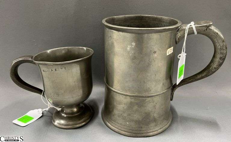 2pcs Pewter Quart Tankard Marked VR71, Stamped 87, and 1/2 Pint Cup Engraved image
