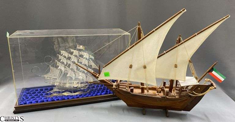 2 Ship Models, Silver Filigree and Wooden, Display Box Not Attached 18x11.5" Tall image