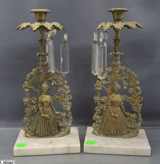 Pair Antique Gilt Brass Figural Motif Girandoles - 13.5" of each, missing some prisms image