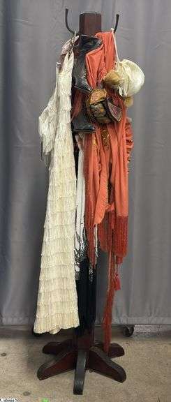 Hall Tree, Scarves, Hats, Flag, Vintage Ladies Booties, Fringe and Beaded Dresses *Need Repair and Cleaning*