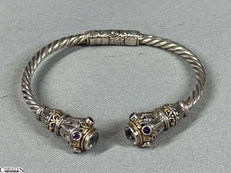 Sterling Silver and 18K Gold with Mini Quartz and Amethyst Gemstones Cuff Bracelet image