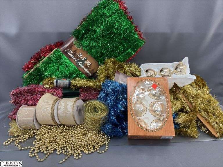 Holiday Decor Tinsel, Wired Ribbon Rolls, Ornaments image