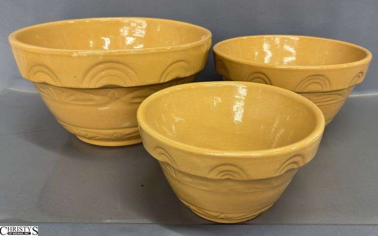 3 Robinson Ransbottom Pottery Mixing Bowls - 12" x 7" of largest image