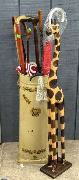 Giraffe Broken Ear Tallest 38", Canes, Umbrellas In Umbrella Holder, Some Wear image