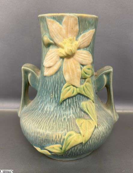 Roseville Double Handle Blue Clematis Vase 7.25" image