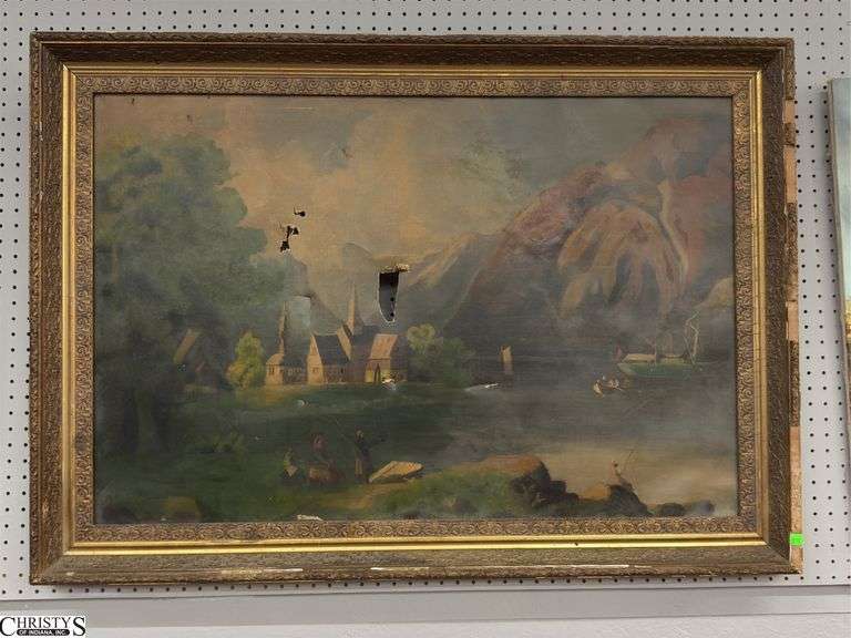Eastern European Mountain Scene Oil on Canvas Painting - Damaged - 46.5" x 33" image