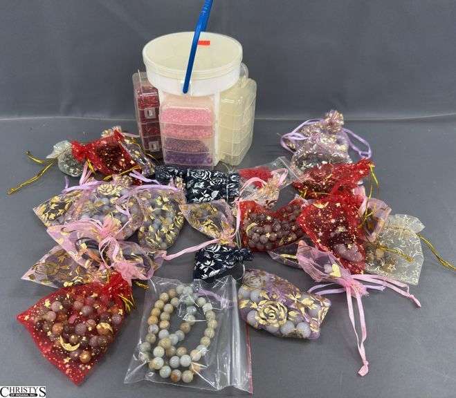 Bead Organizer, Cinch Bags With Beaded Necklaces image