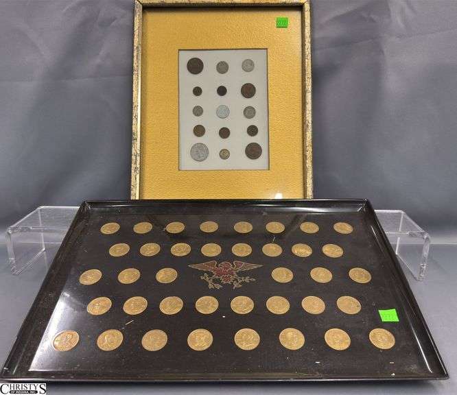 Framed Foreign Currency and Coin Motif Tray - 18" of tray image