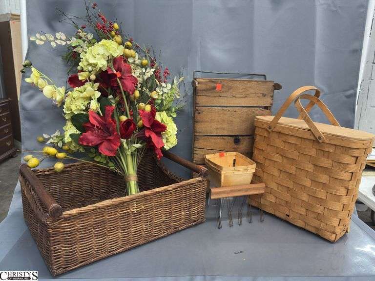 Baskets, Artificial Floral, Wood Display Pieces - 18" x 14" of largest basket image