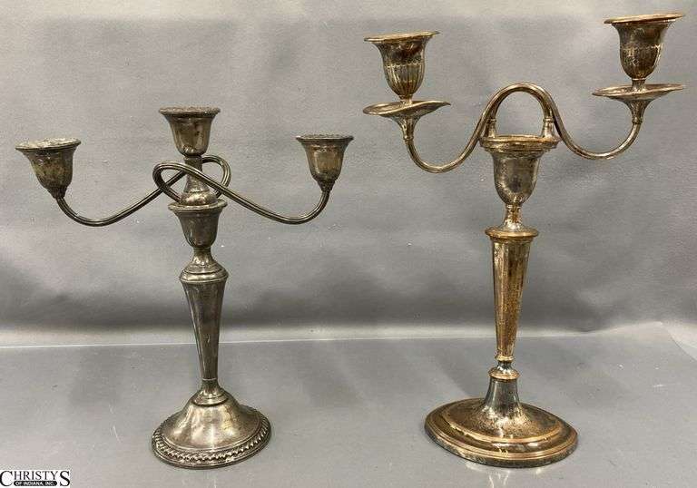 2 Weighted, One Marked Sterling Reinforced, Silver Plate Candelabras, Some Wear Tallest 12.5" image