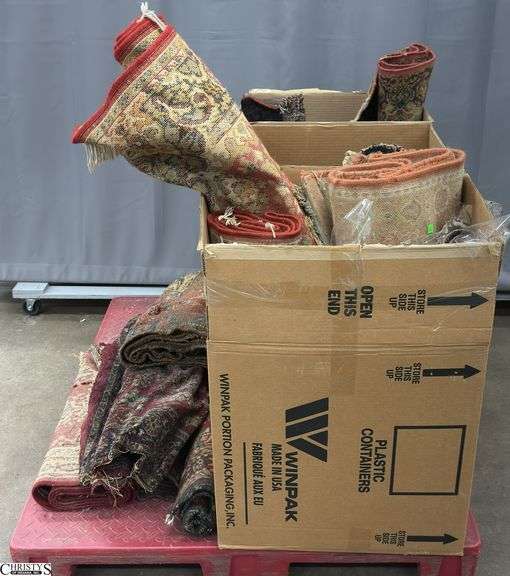 3 Large Boxes Various Vintage and Decorator Rugs - Wear/Damage/Staining/Odor Throughout - SKID NOT INCLUDED image