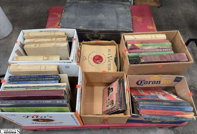 5 Boxes Assorted Records and Small Suitcase - covers show wear from use and storage - SKID NOT INCLUDED image