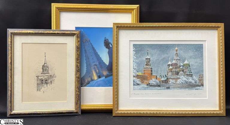 3pcs Framed Architecture Prints - St. Basil's Cathedral, Moscow & More, Largest 17"x14.5" image