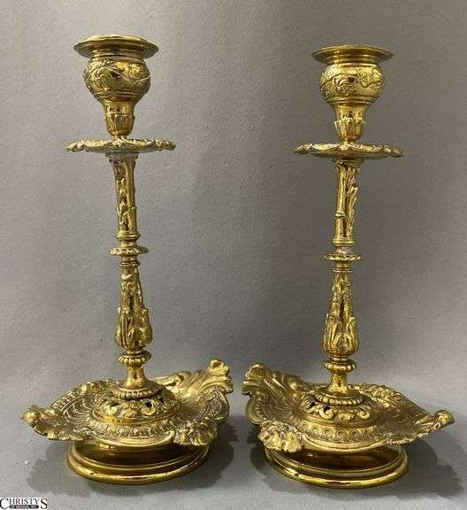 Pair of Rococo Style Brass Candle Sticks With Accents 9" image