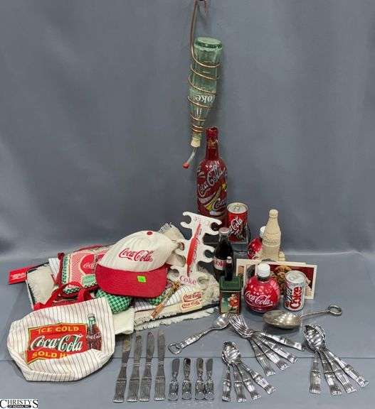 Coca Cola Stainless Flatware, Oven Mitts, Aprons, Hummingbird Bottle Feeder, Misc - 16" of feeder image